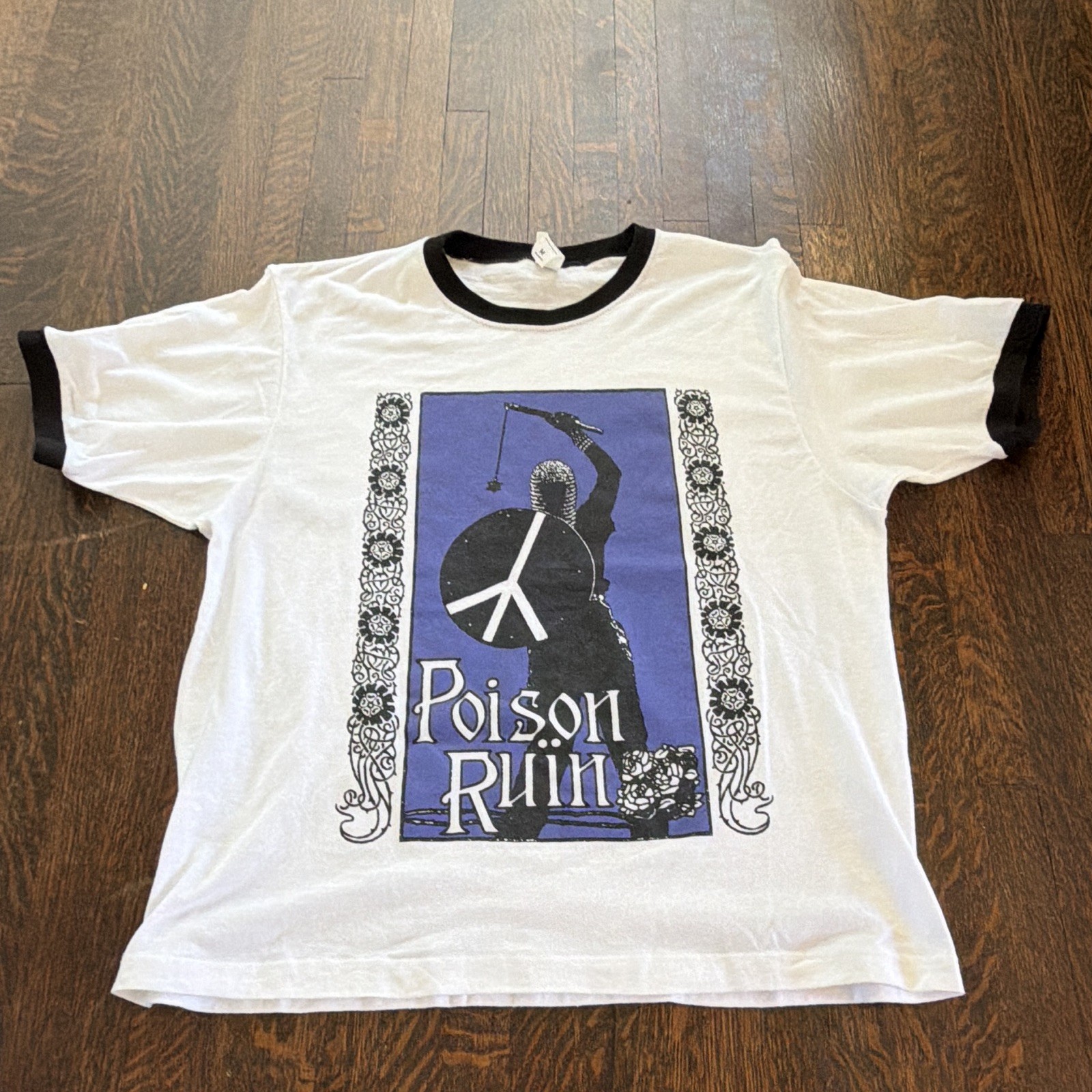 Poison Ruin cropped Graphic Ringer T-Shirt White/Black/Blue M Crew Neck