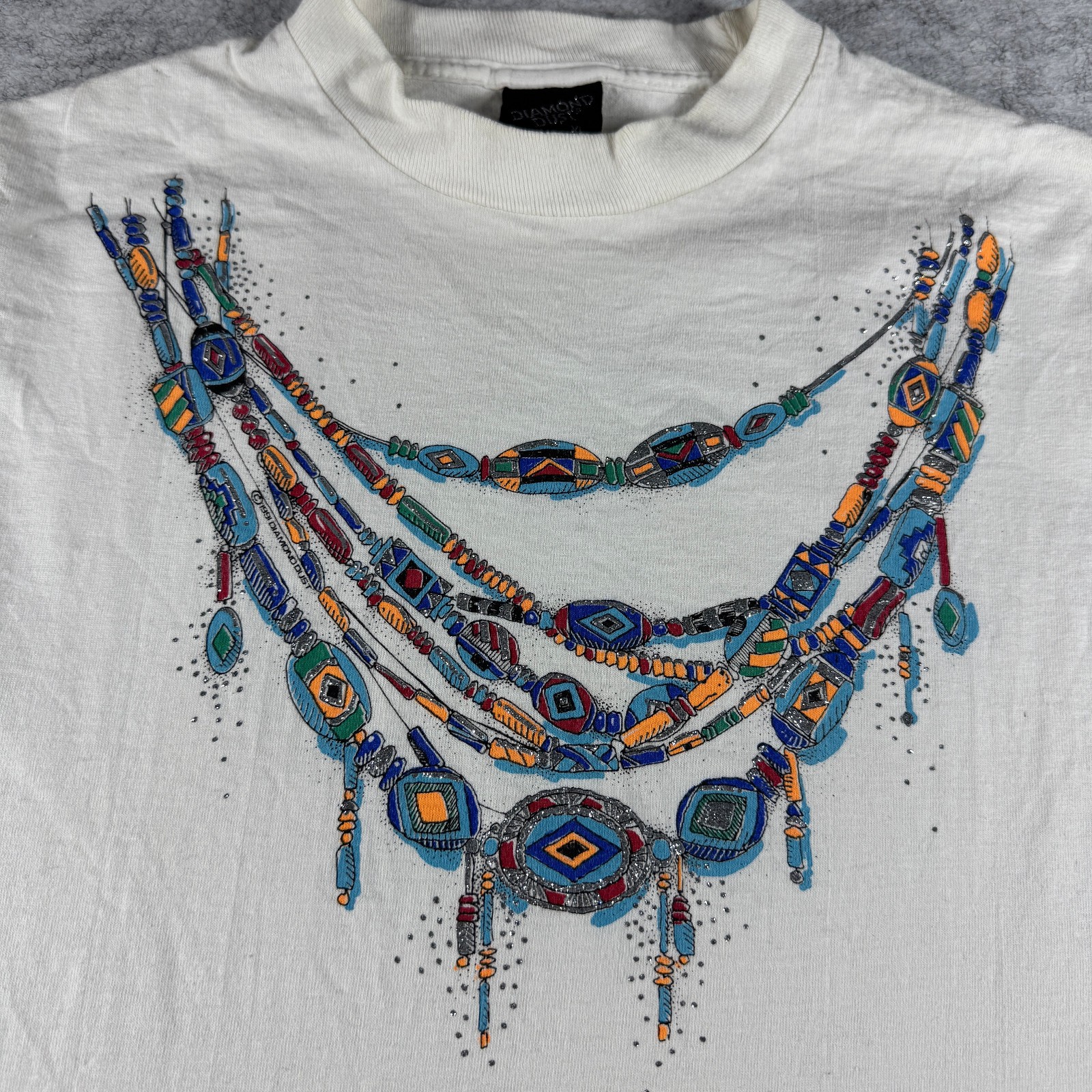 Vintage 90s Diamond Dust Rhinestone Necklace Tee Mens XL White Single Stitch USA