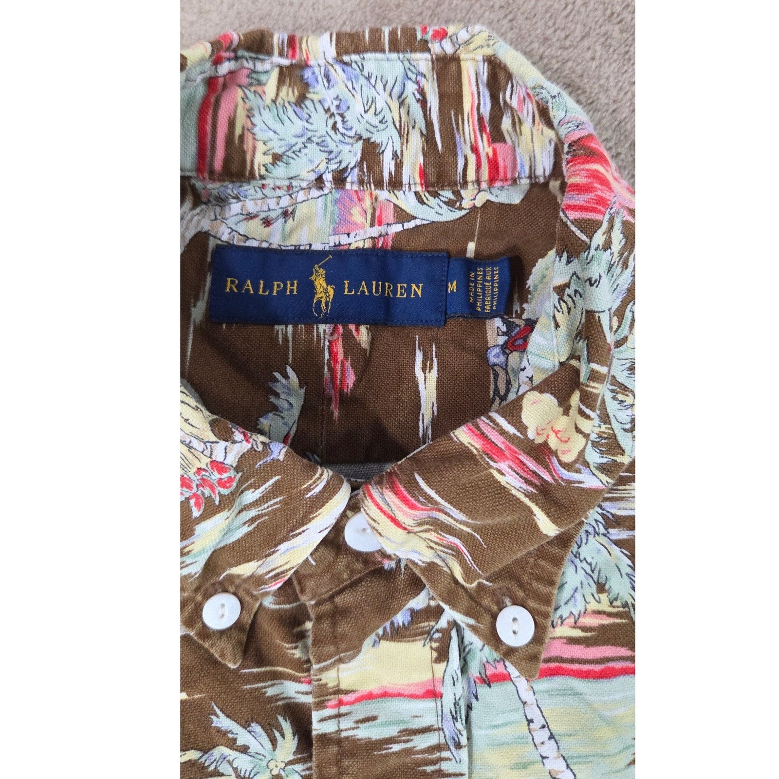 Polo ralph lauren Hawaiian shirt men M Brown tropical pleated Button down EUC