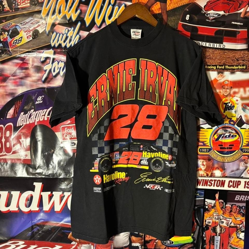 Vintage Ernie Irvan #28 Havoline NASCAR Tee Checkered Flag Sports Black Large