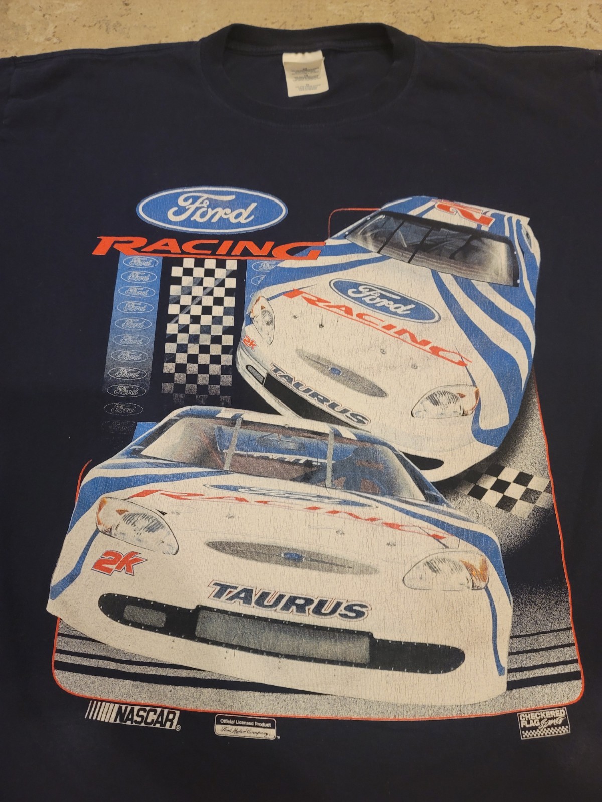 Vintage 90s Ford Racing Taurus NASCAR Blue AOP T Shirt Medium Checkered Flag