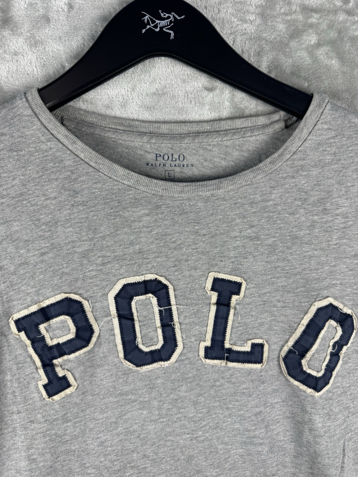 Ralph Lauren Polo Shirt Stitched Spell Out Crew Grey Mens Large Cotton Preppy