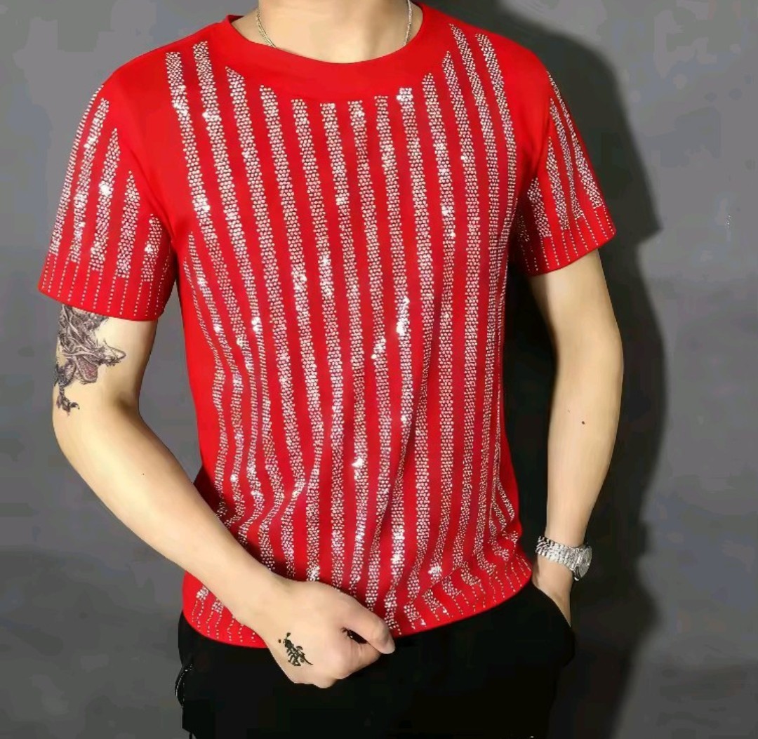 New Men Women Luxury Diamond Rhinestones Fashion Blue Red T-Shirt High Quality