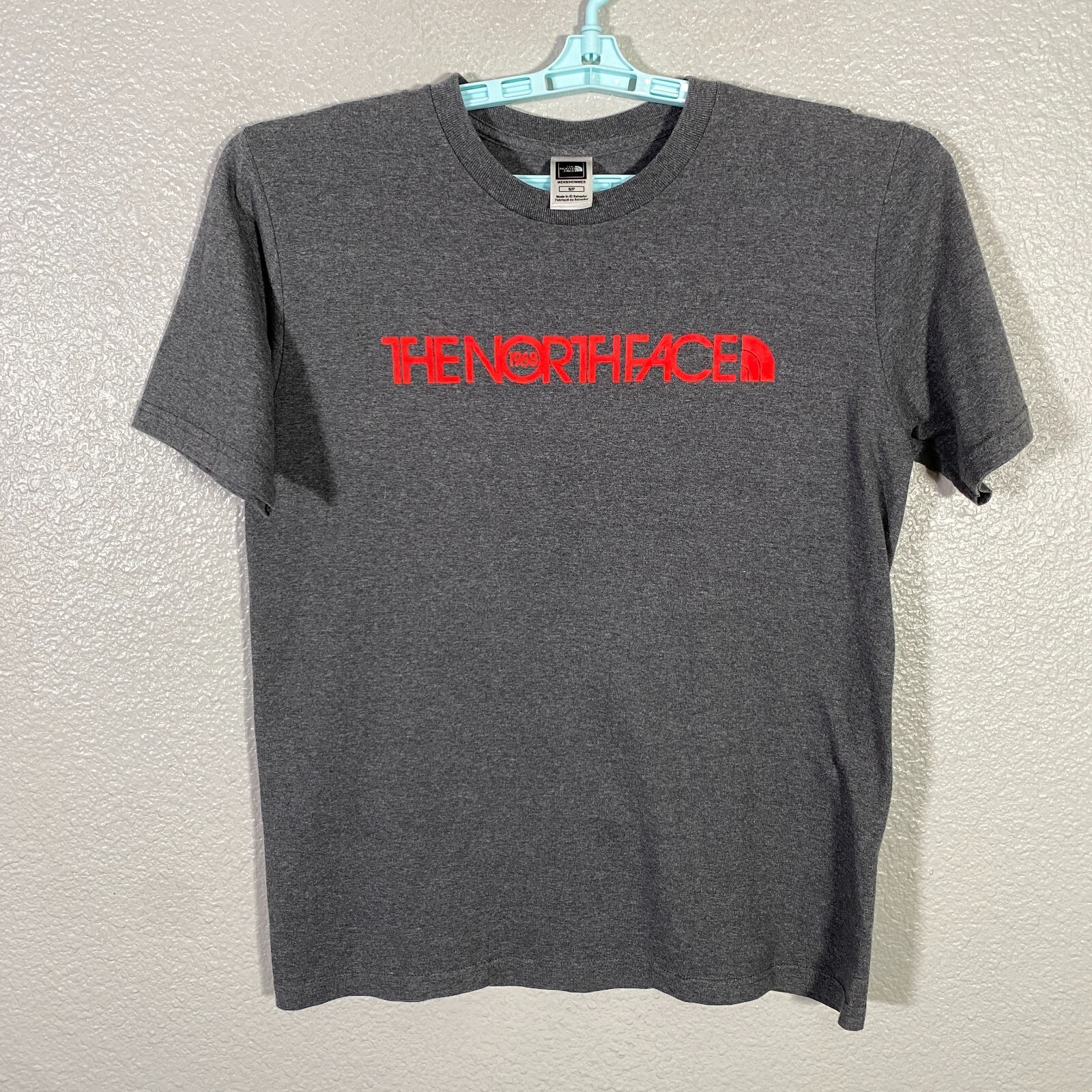 The North Face Shirt Mens Small Gray Red Short Sleeve Spellout Outdoor Hiking