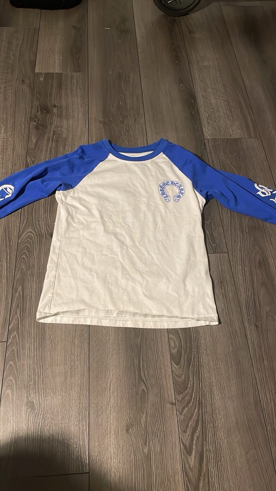 Chrome Hearts Men’s White/Blue Colorblock Logo Raglan Long Sleeve Tee