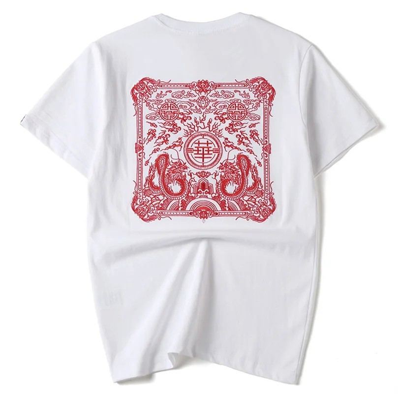 Men Embroidered Dragon T Shirt Chinese Style Streetwear Crew Neck Summer Tee Top
