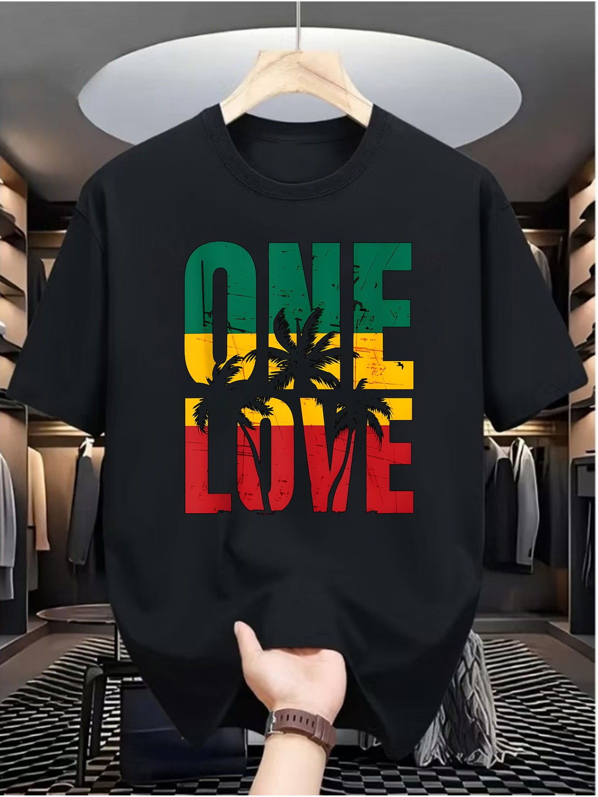 ONE LOVE Men’s Tropical Graphic T-Shirt – Navy Blue Tee with Red & Green ONE LO