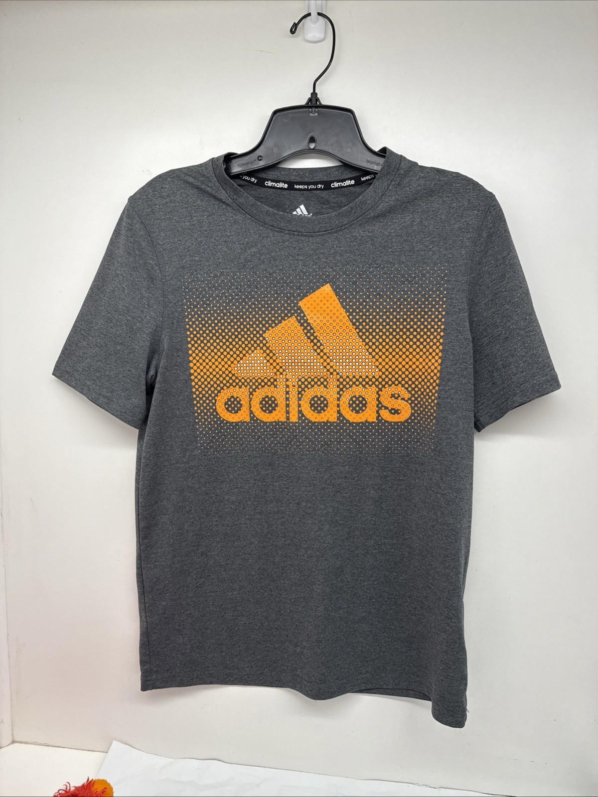 Adidas Climate Child Size Large 14/16 Gray/ Orange Logo Short Sleeve T-Shirt