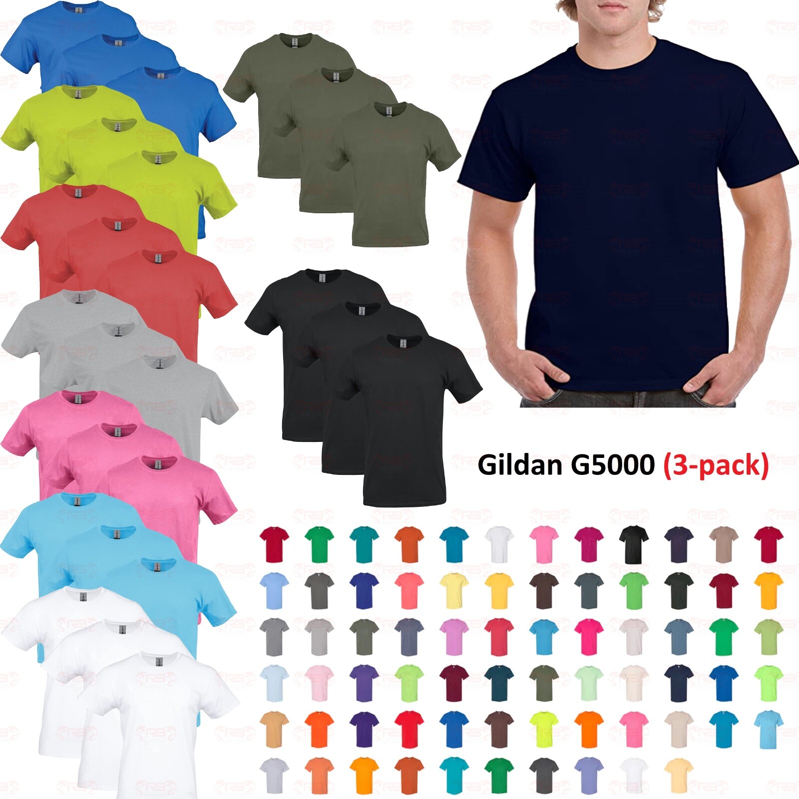 Gildan 3-PACK Men’s Heavy Cotton T-Shirt (Pack of 3) Bulk Solid Blank Regula Fit