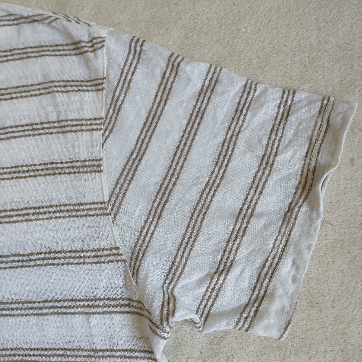 Porter & Ash T Shirt XL/L*White Green Olive Striped 100%Linen Crew Neck Neutral