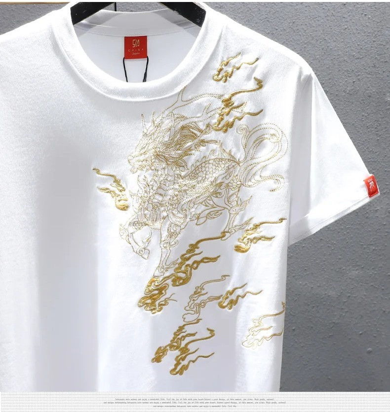 Men’s Luxury Golden Dragon Embroidery T-Shirt Casual Fashion Slim Fit Tee Top