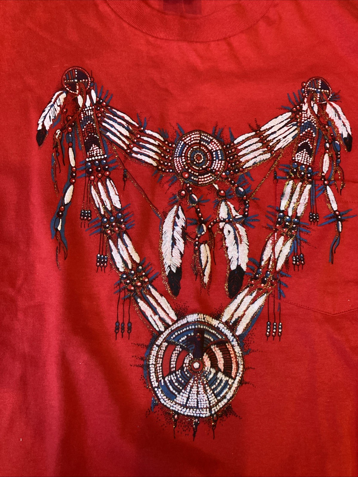 VINTAGE Native American T-Shirt XXL Red Beaded Fringe Rare Dream Catch