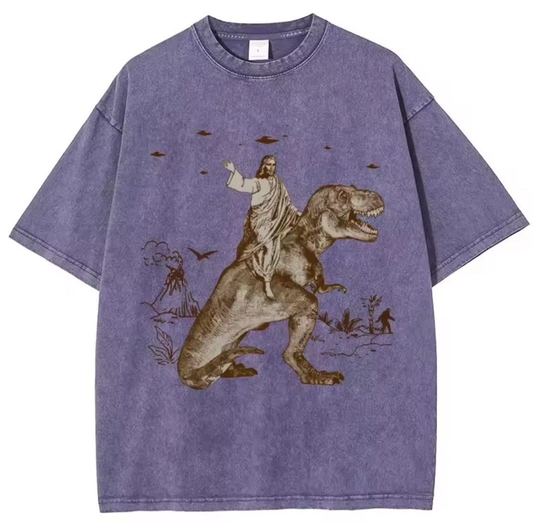 Men’s Multicolor Jesus Dinosaur Graphic Print Crew Neck Short Sleeve T-Shirt L