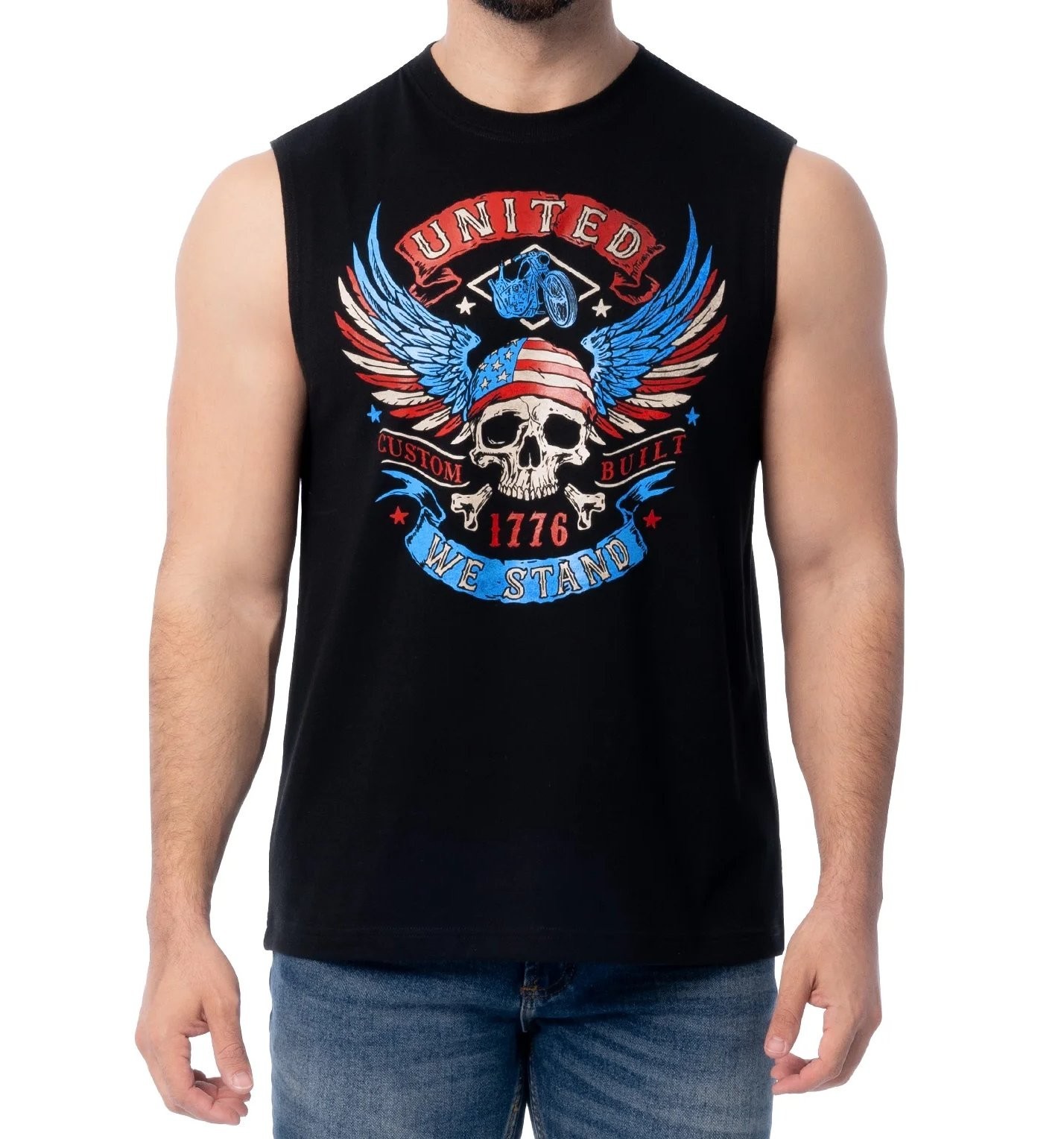 United We Stand Biker Skull XL Black Muscle Sleeveless T-Shirt 1776 America 4th
