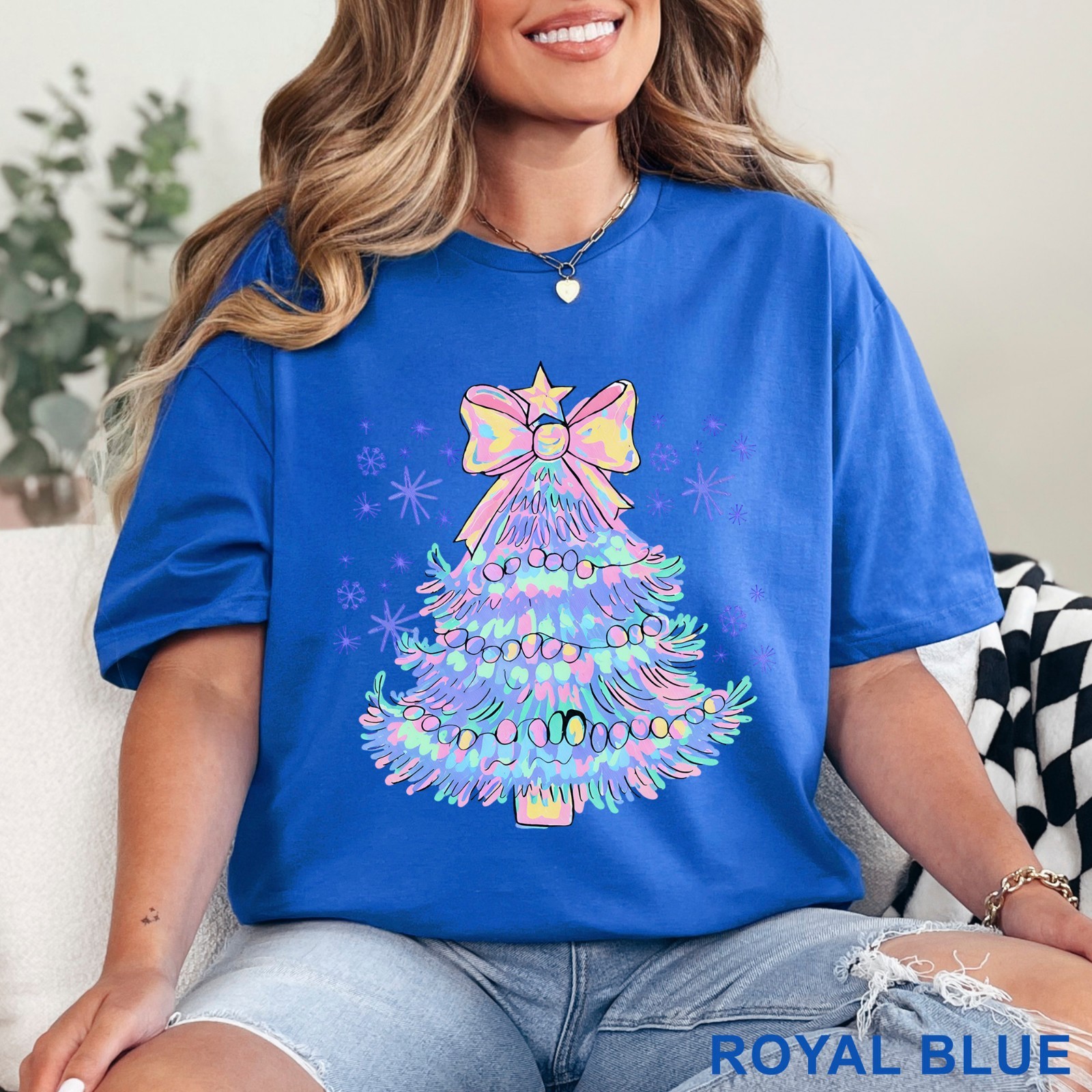 Pastel Holographic Christmas Tree Shirt, Coquette Christmas Tree Shirt, 203704