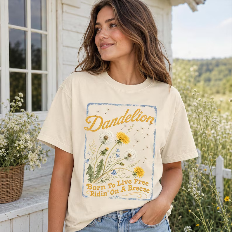 Vintage Dandelion Shirt Born To Live Free Botanical Graphic Tee Boho