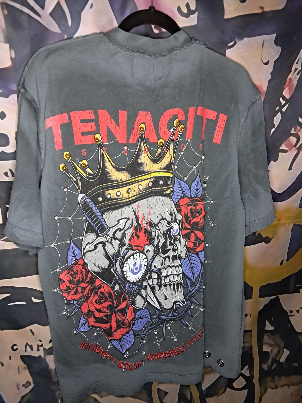 Tenaciti Studios Skull Roses Crown Graphic T-Shirt Gray M Tenaciti Logo