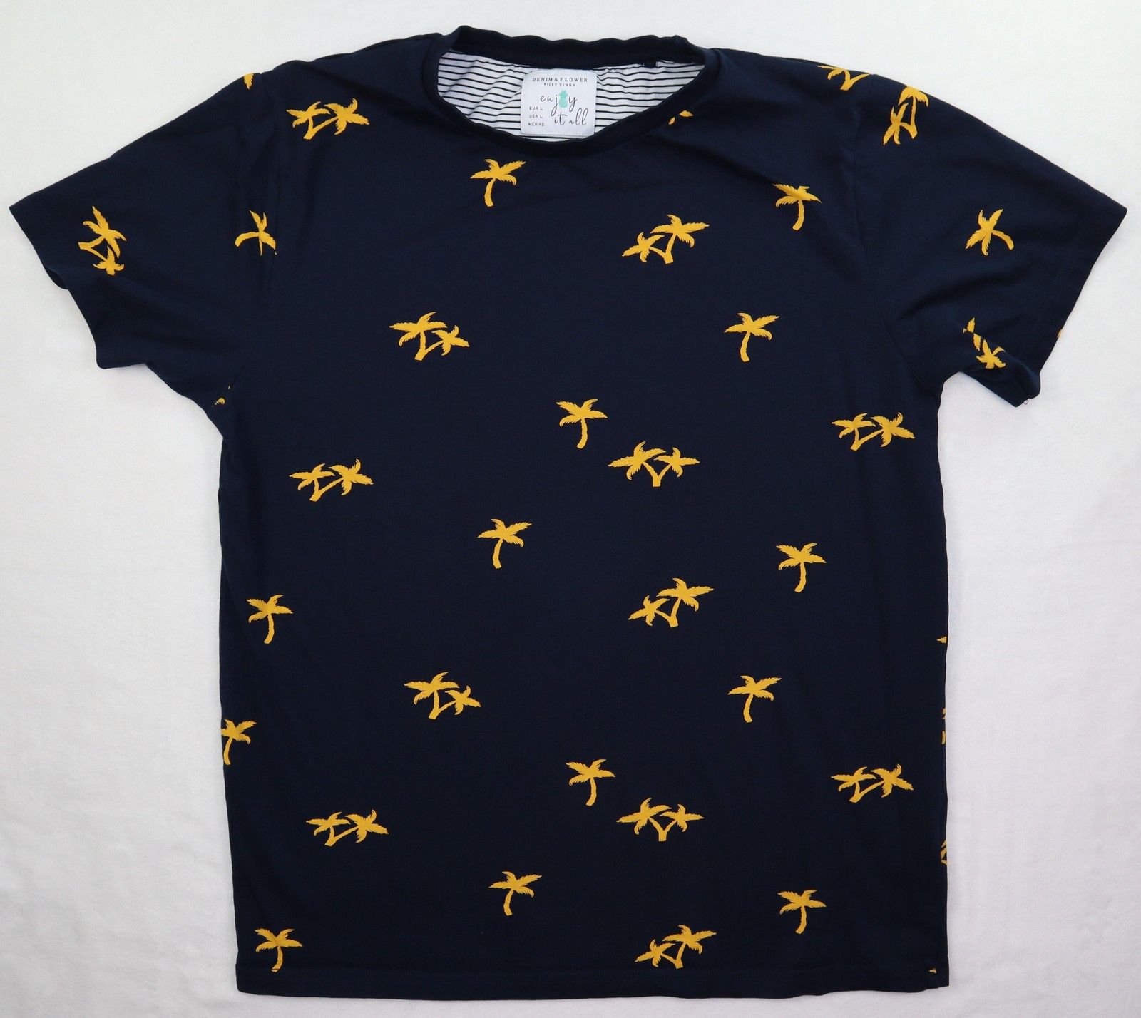 Denim & Flower Shirt Mens Large Navy Allover Palm Tree Graphic Tropical Tee