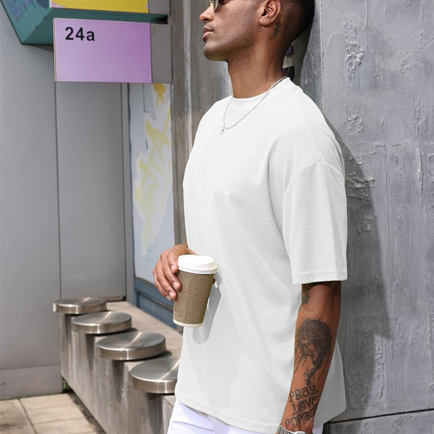New Men’s Heavyweight Cotton Double Yarn Drop Shoulder Round Neck T-shirt Casual