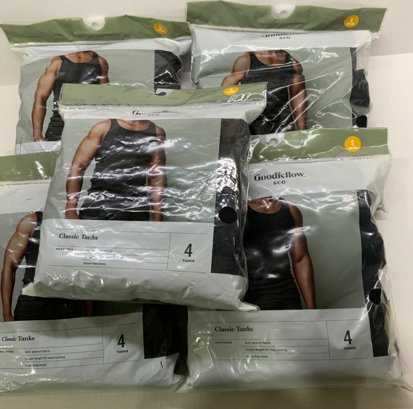 Mens SMALL Classic TANKS 4ct BLACK A-Shirts Ribbed Cotton Seam free Longer Stret