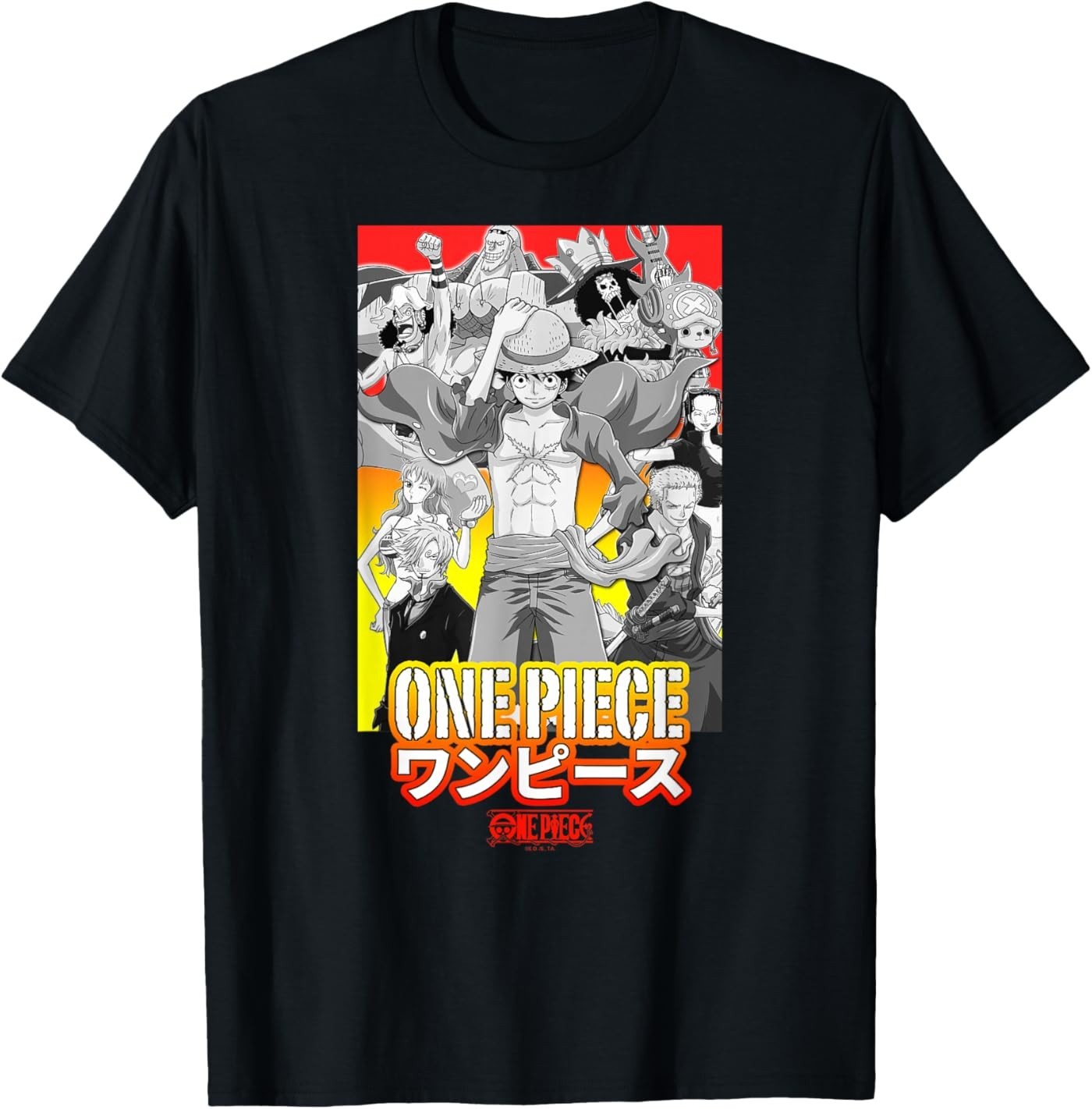 One Piece Anime Character Collage with Stencil Logo T-Shirt