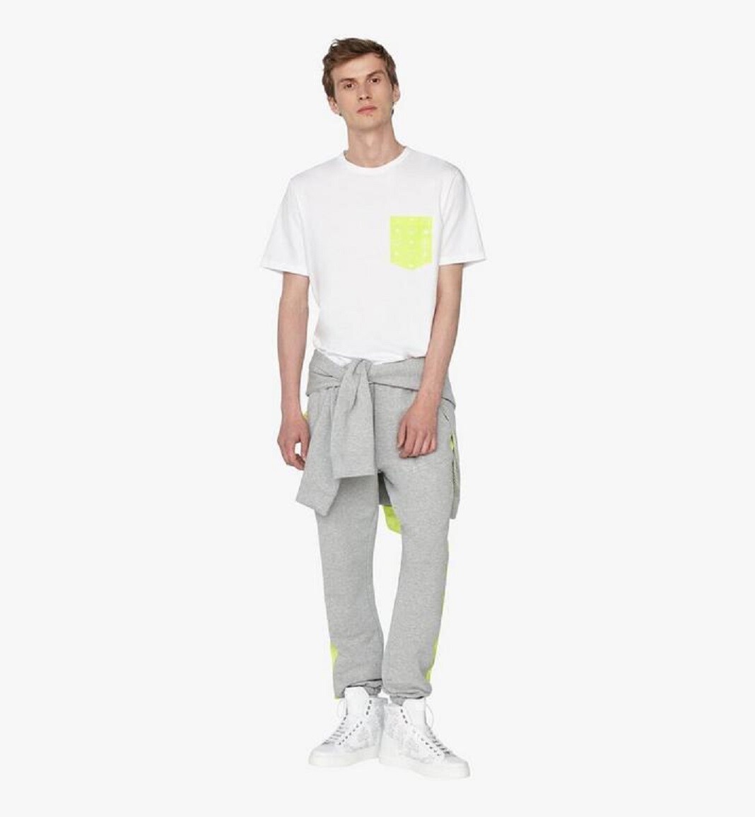 $225 MCM Men’s White Cotton Neon Yellow Nylon Pocket Flo T-Shirt MHT9ALC07WT