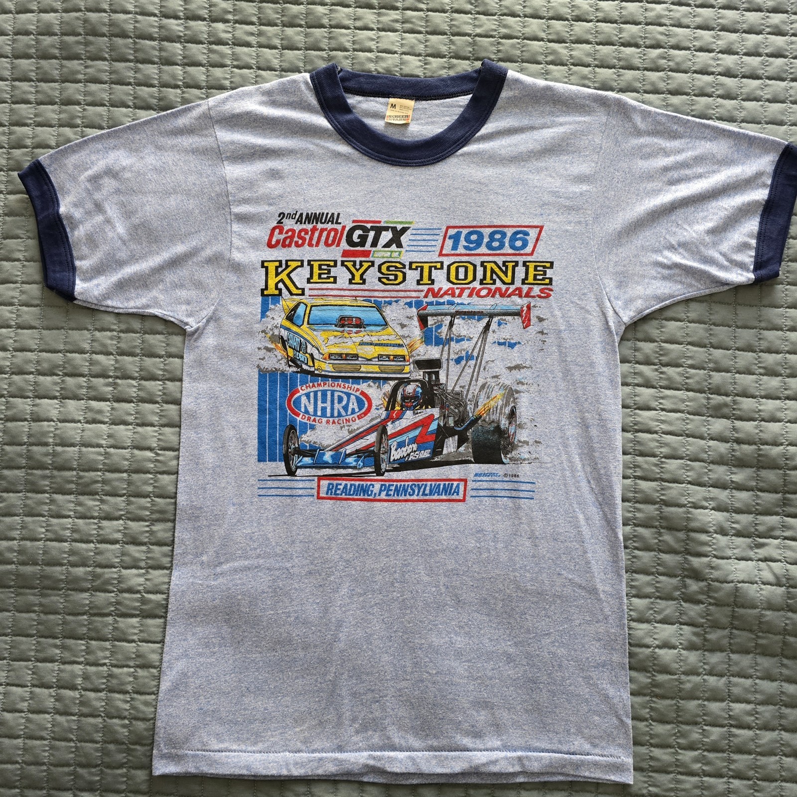 Vtg 1986 NHRA Winston Drag Racing Series Mens Medium Reading PA Blue T-Shirt USA
