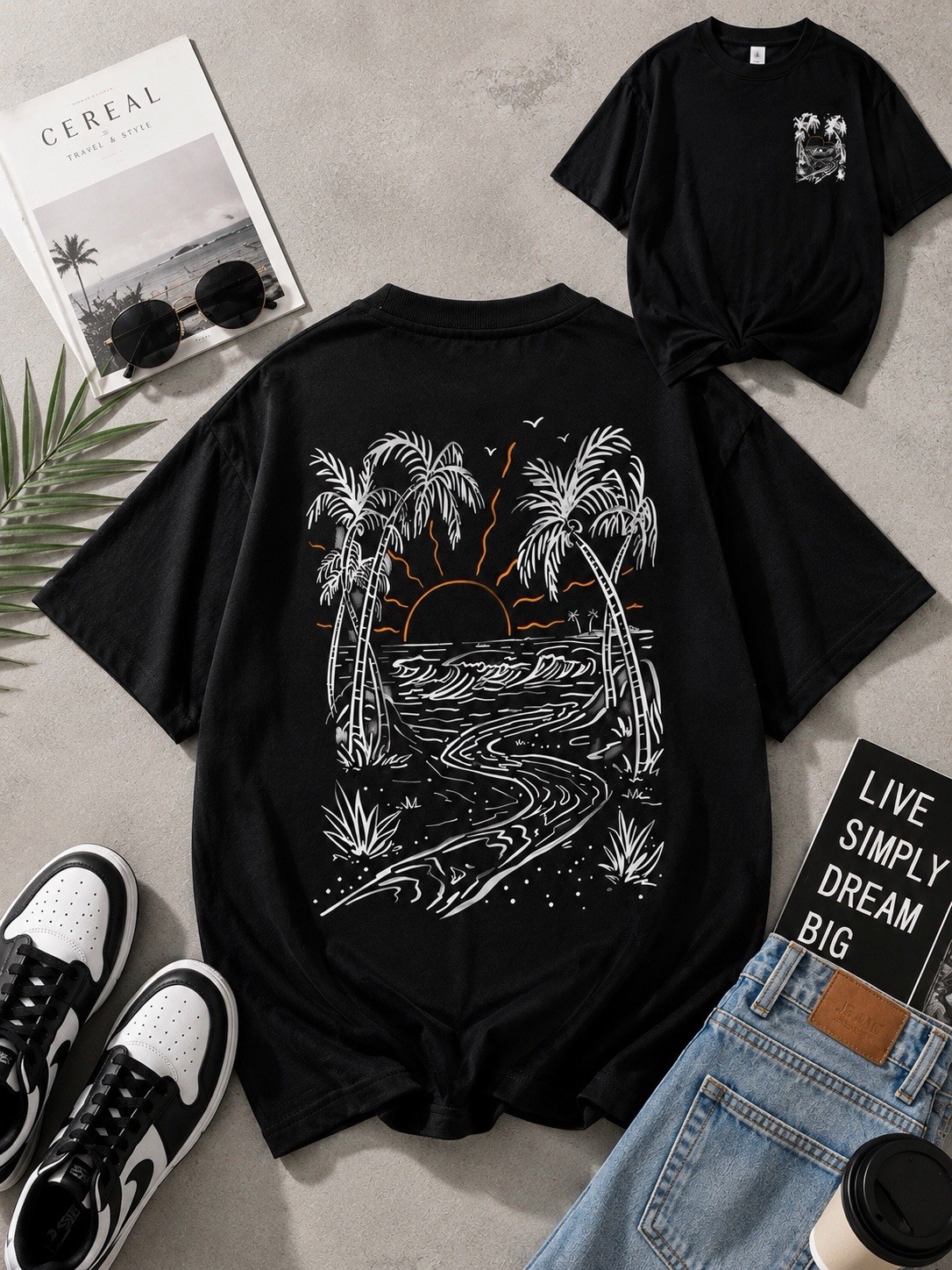 Tropical Beach Sunset Graphic Unisex T-Shirt | Coastal Palm Tree Back Print
