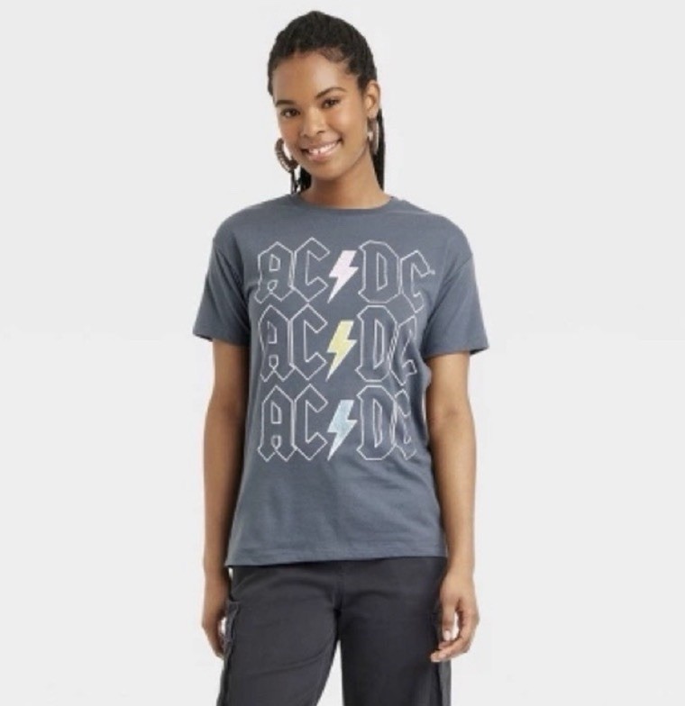 AC/DC Graphic Print Men’s T-Shirt S Gray Short Sleeve Crew Neck Cotton