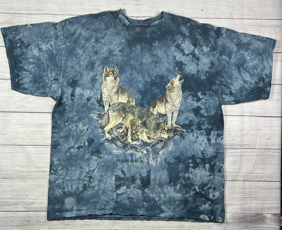 Vintage Polar Graphics Wolf Alaska Tie Dye T Shirt Size XL Blue