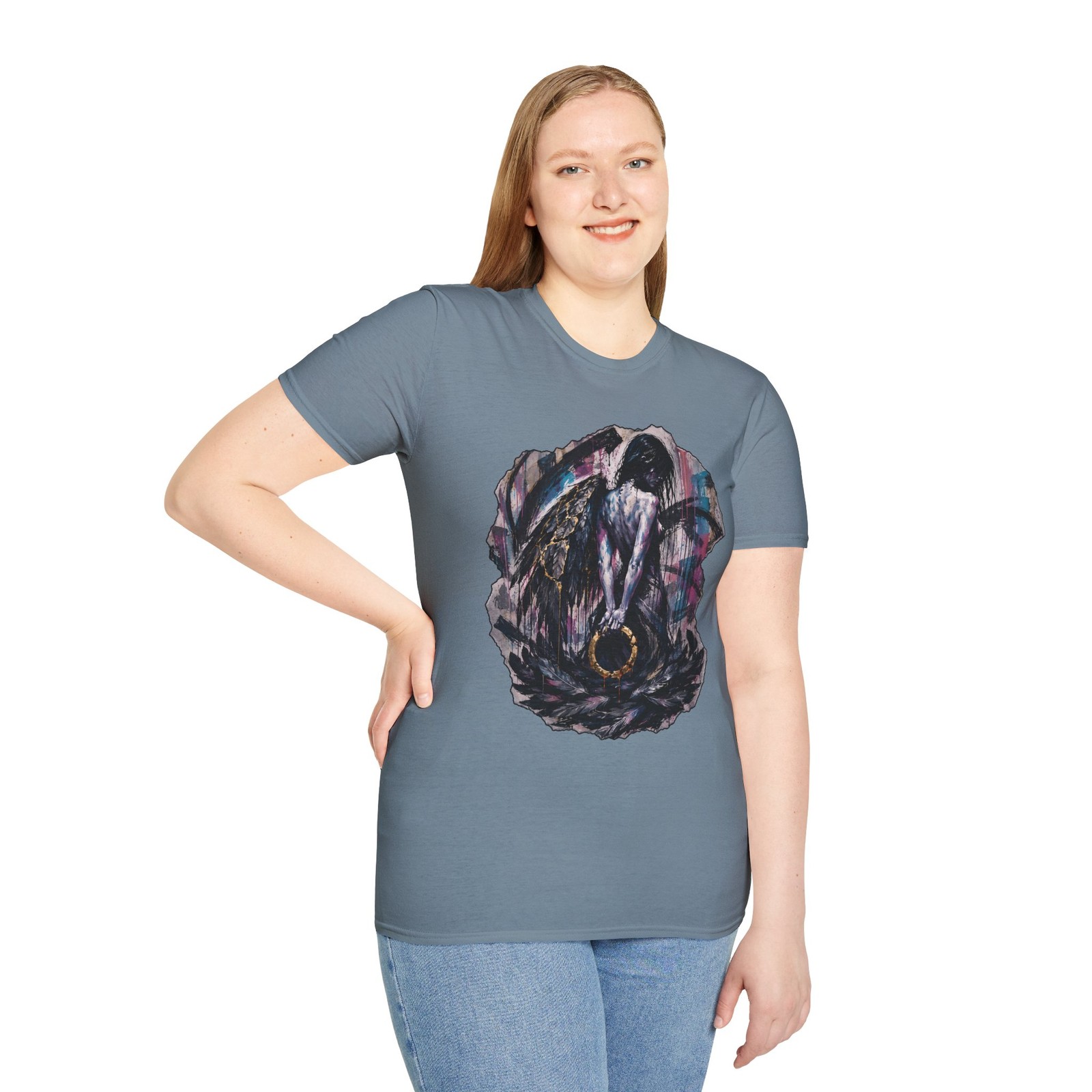 Gothic Angel Dark Beauty Broken Halo Feather Mural Unisex Softstyle T-Shirt