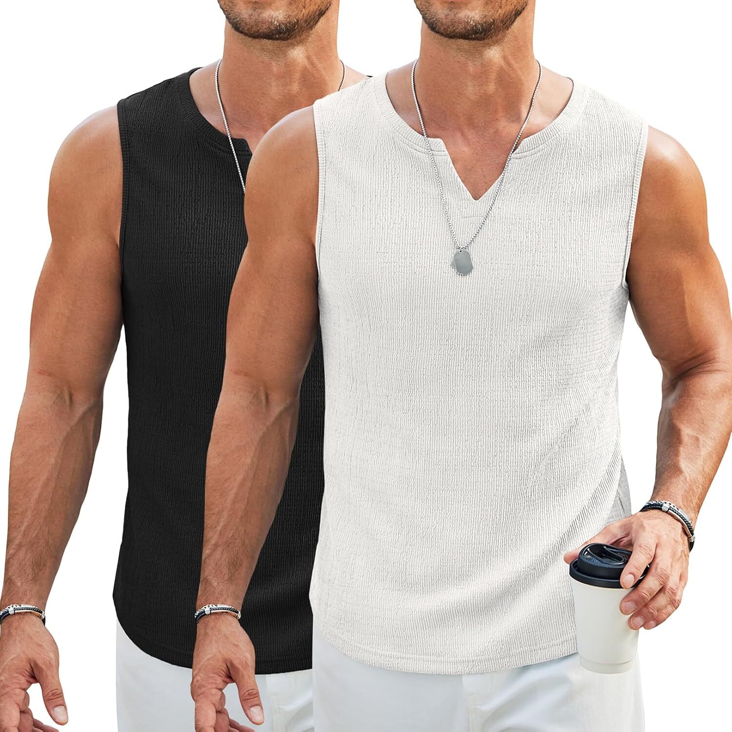 Men’s V Neck Sleeveless Tank Tops 2 Pack Lightweight Knit Muscle Tee for Summer