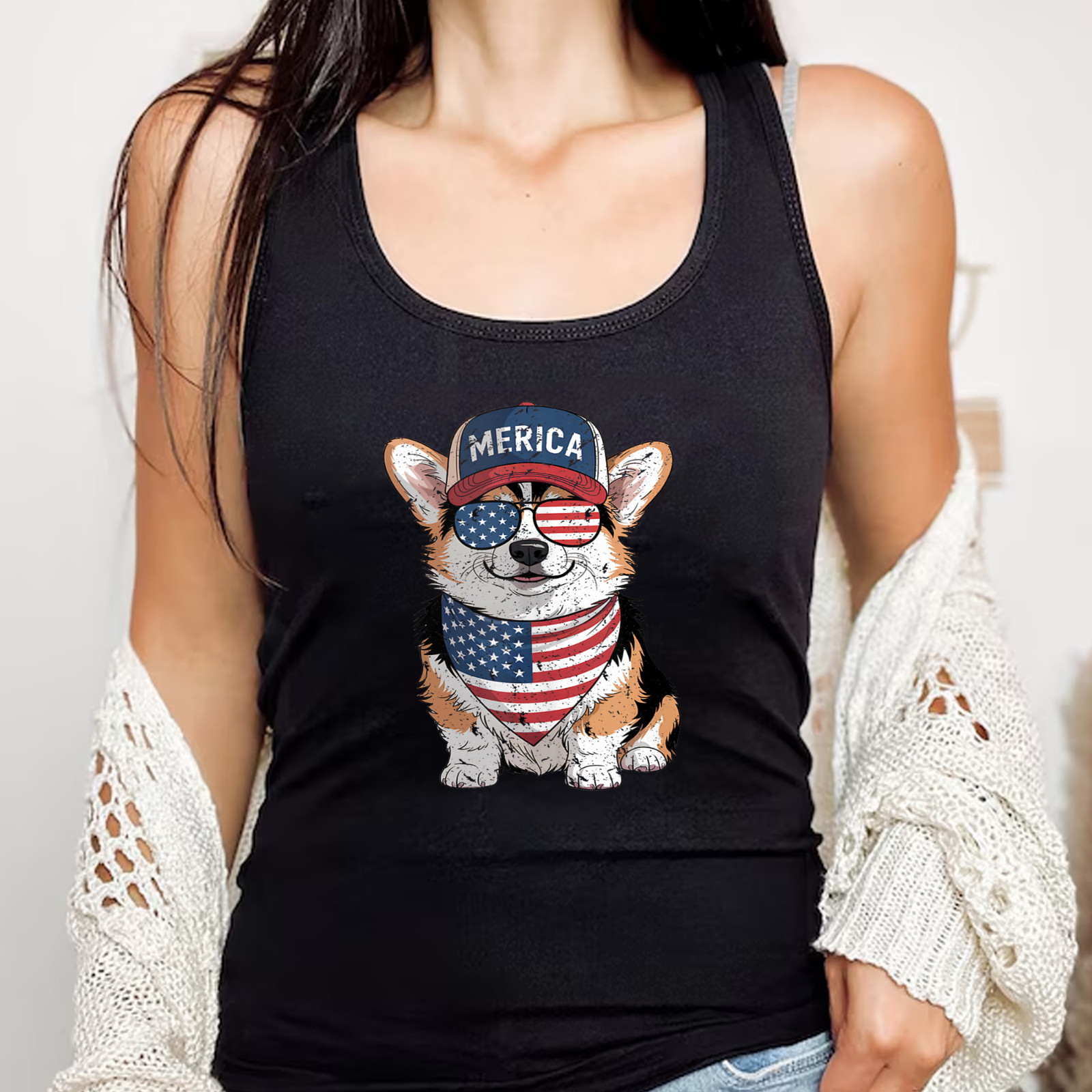 Tri Color Corgi 4th of July US American Flag Dog Patriotic Tank Top