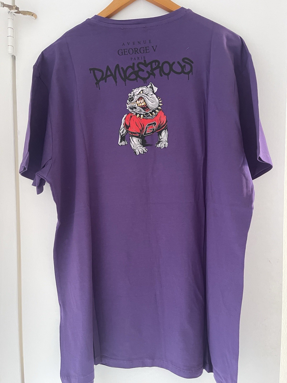 Avenue George V Paris T-Shirt Royal Bulldog Rhinestone Men’s Purple Fitted Tee