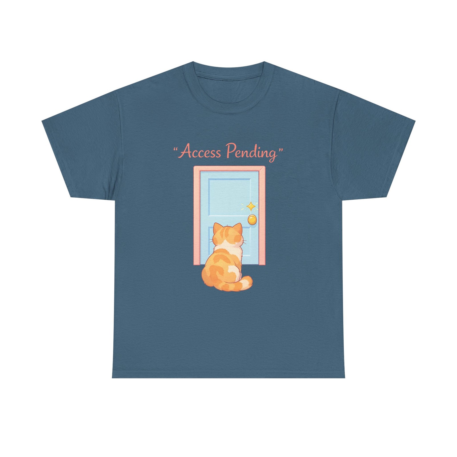Unisex Heavy Cotton Tee Cat Door Waiting Funny Humor Cute Indoors Pet Animal