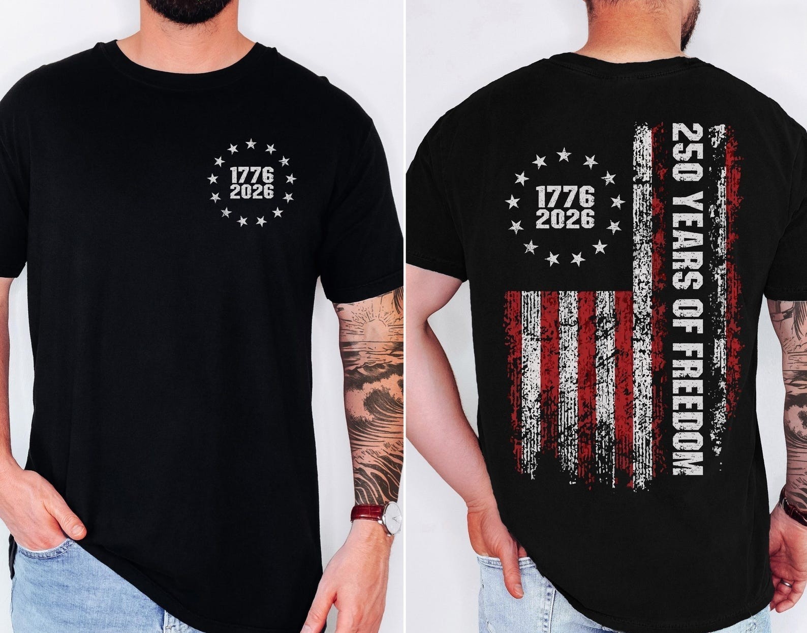 250 Years Of Freedom USA 1776-2026 Distressed Flag Back Print T-shirt
