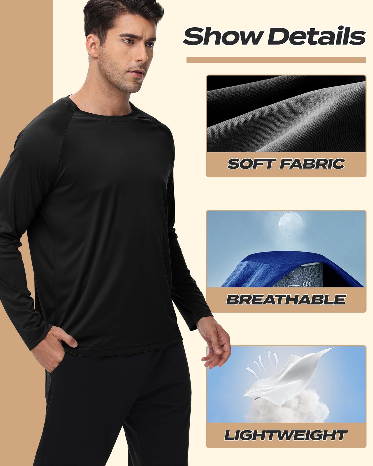 Men Long Sleeve Shirt Quick Dry UV Sun Protection Color Black Size XL