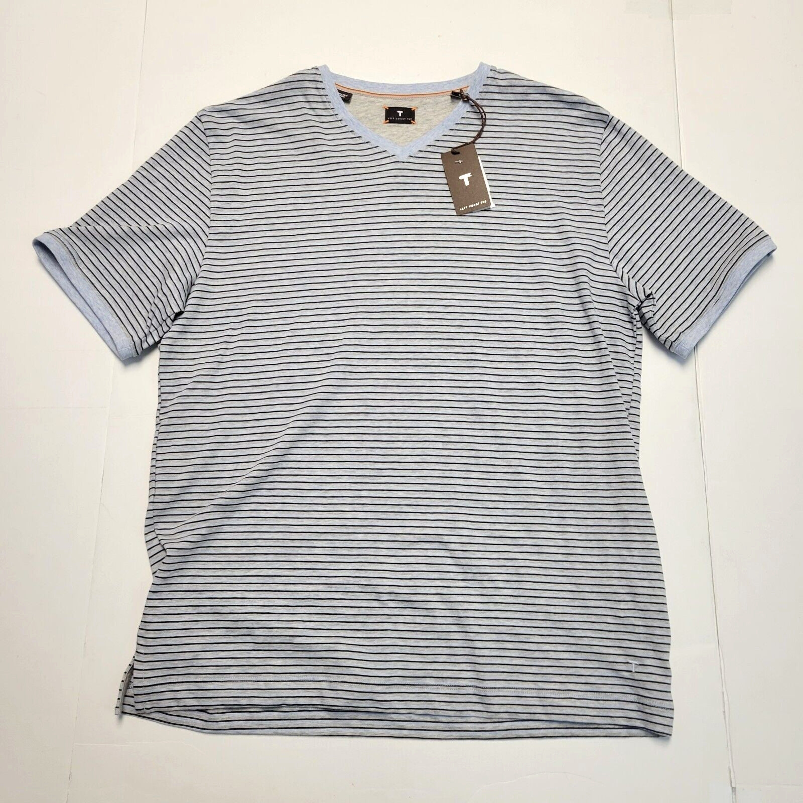 $115 New LEFT COAST TEE V-Neck Shirt S/S Cotton Men LARGE L Blue Gray STRIPED