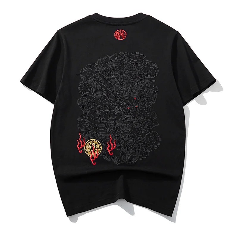 Men Embroidery Dragon T Shirt Hip Hop Streetwear Cotton Short Sleeve Tee