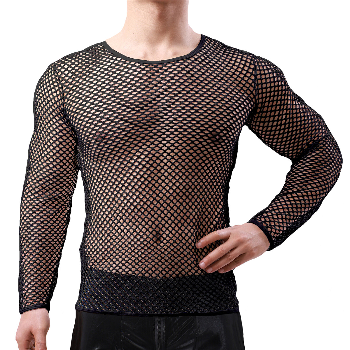 Mens Fishnet Shirts Mesh Transparent Long-Sleeve Muscle T-Shirt Undershirt Tops