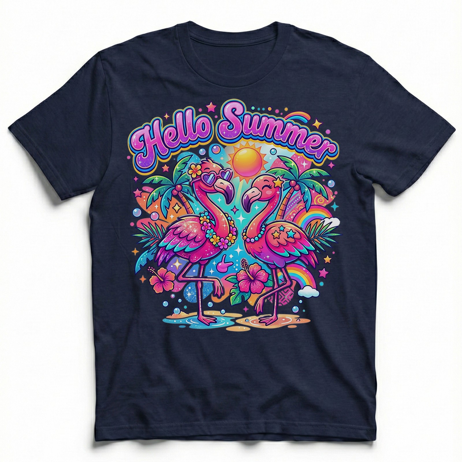Hello Summer Tropical Flamingo T-Shirt Retro Neon Beach Vacation Holiday Tee