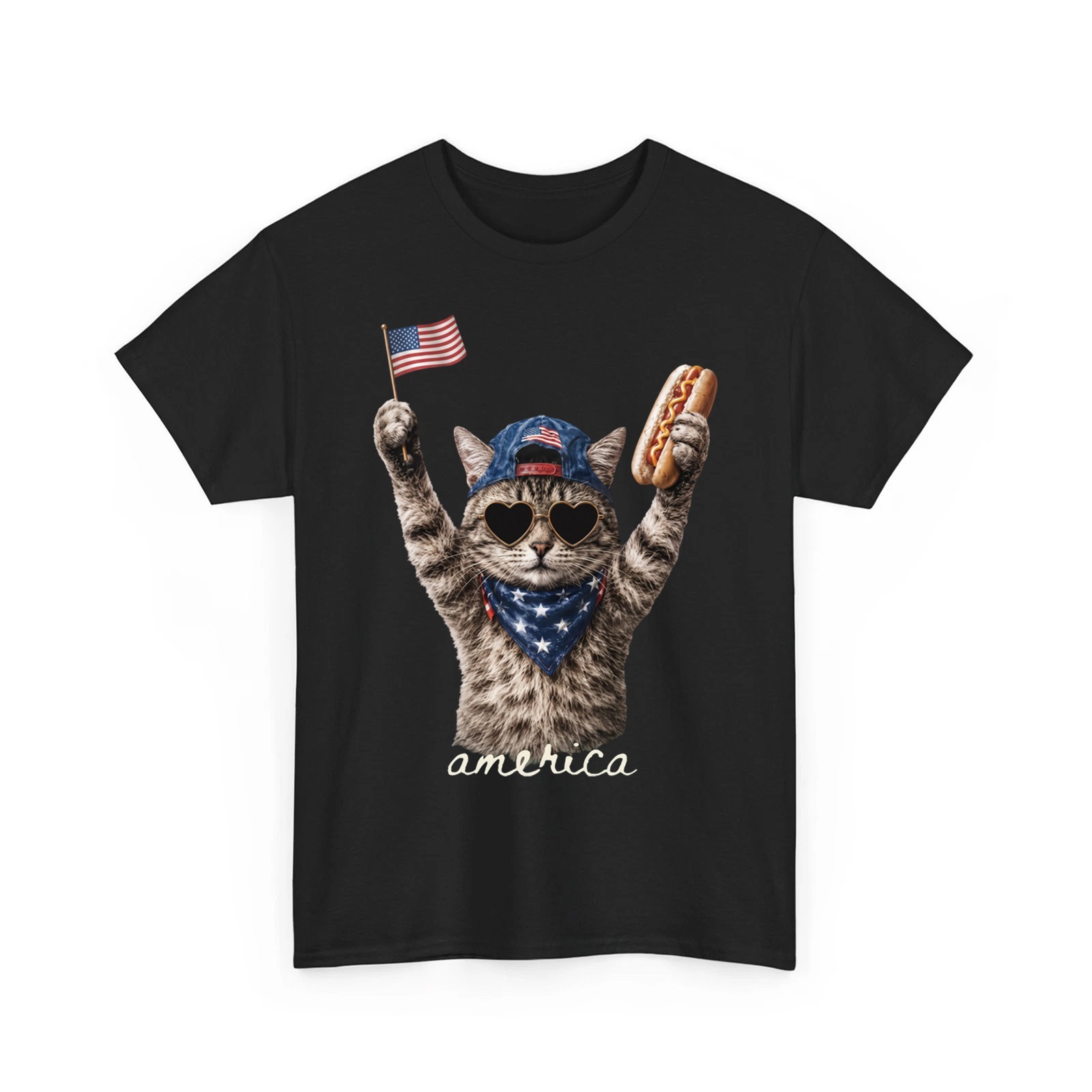 Retro Funny America Cat Hot Dog Lovers Patriotic American Flag Unisex T-Shirt
