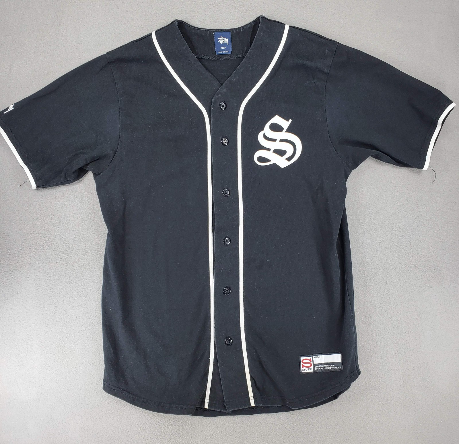 Stussy Baseball Jersey Men Large Black Spell Out Y2K Skateboarding Button Shirt