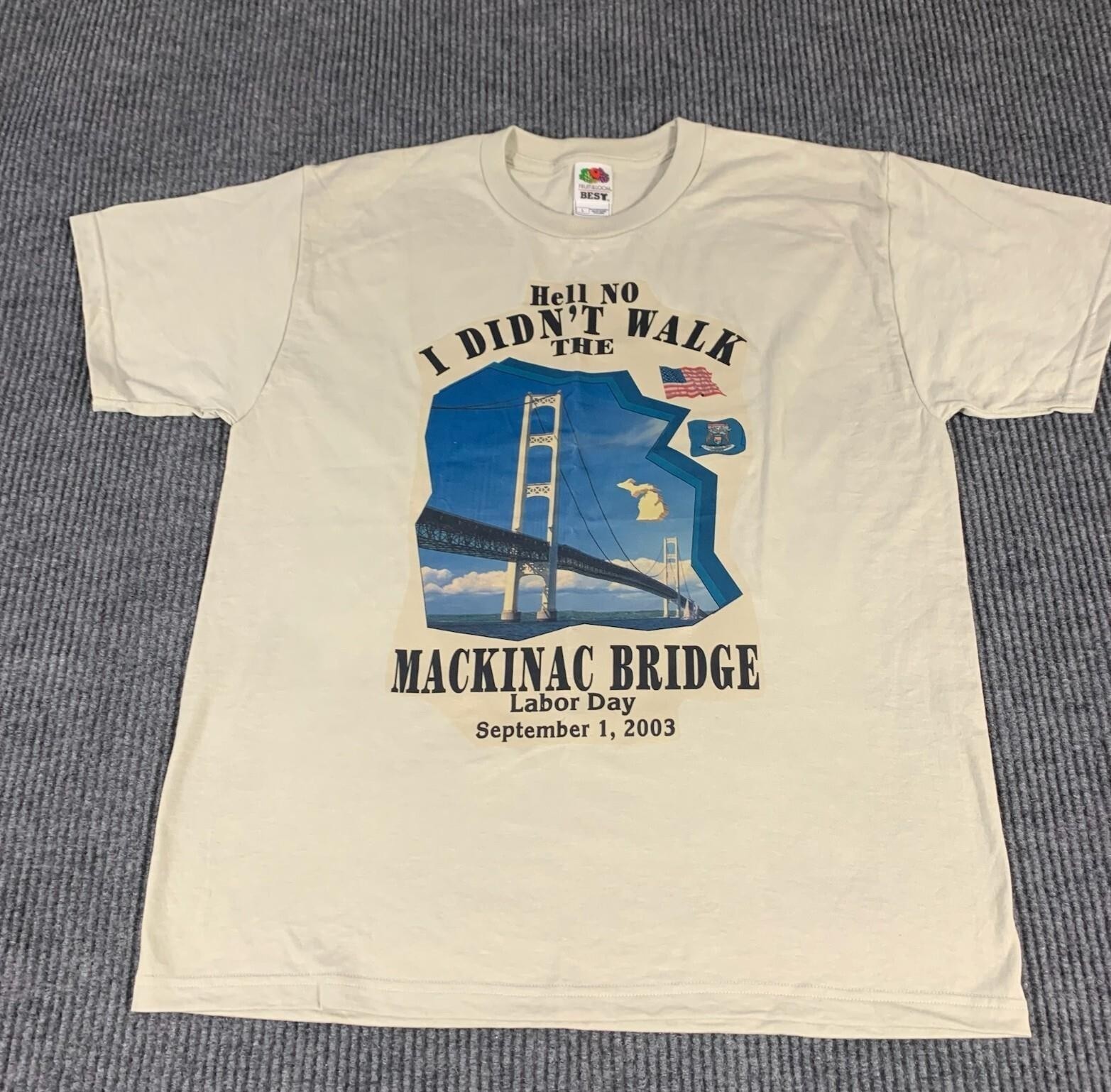 VTG Fruit of the Loom T Shirt Mens Large Beige Y2K Mackinac Bridge Labor Day USA