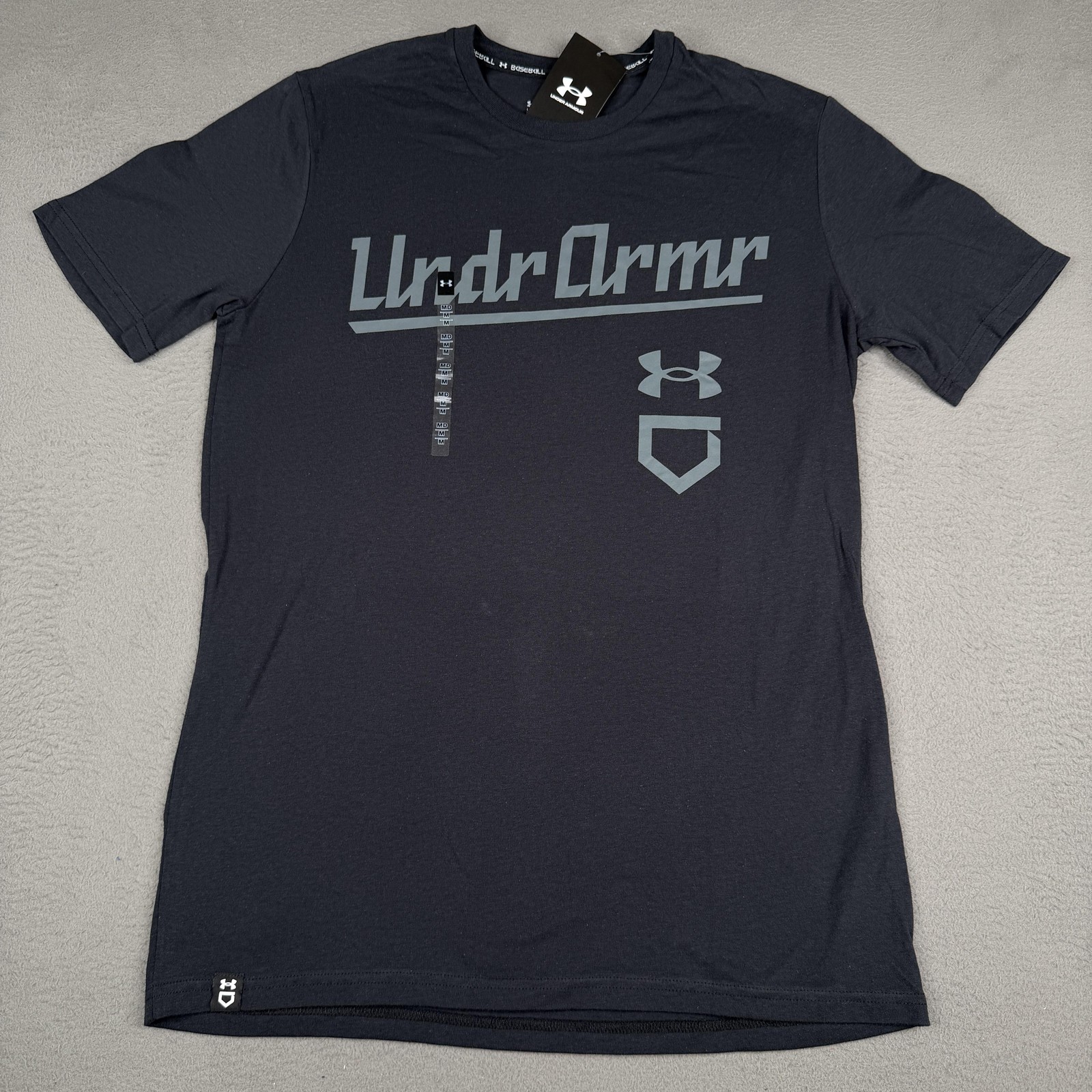 Under Armour Shirt Mens Medium Navy Baseball Script Tee Loose Fit 1367675