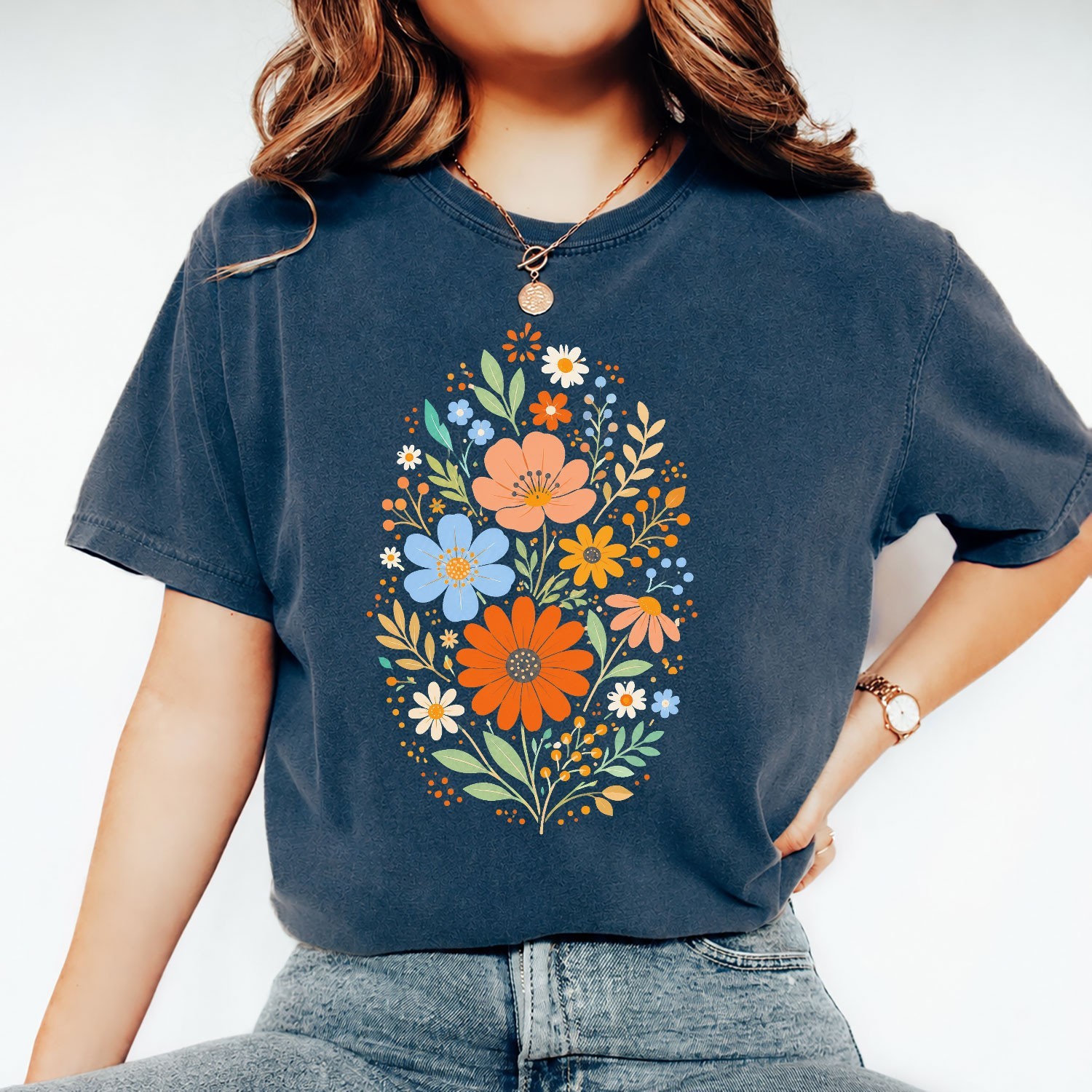 Vibrant Flowers Floral Print Spring Season Women Casual Wear Stylish Tee Shirt