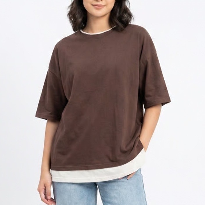 Wangzhichao Brown Layered Look Oversized Short Sleeve T-Shirt Mens XL