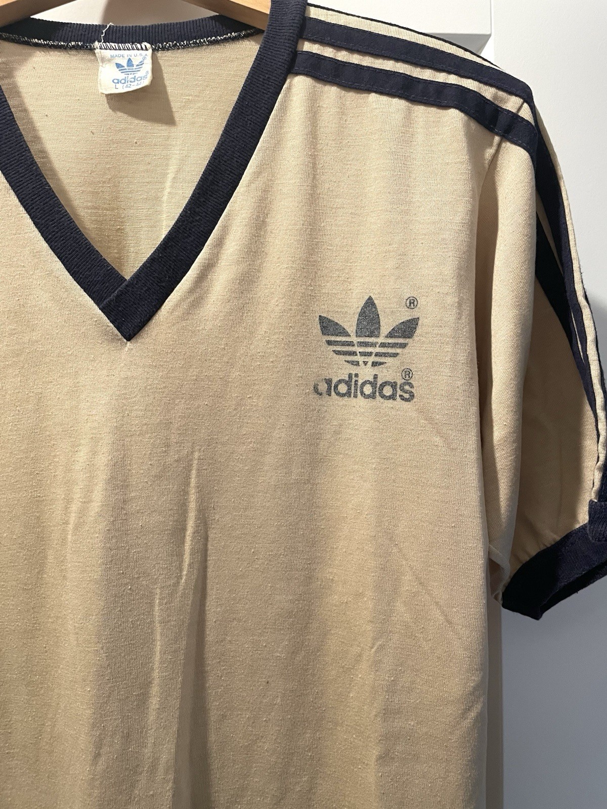 Vintage 70s 80s ADIDAS Trefoil V-Neck Athletic Ringer T Shirt Khaki Navy 50/50 L
