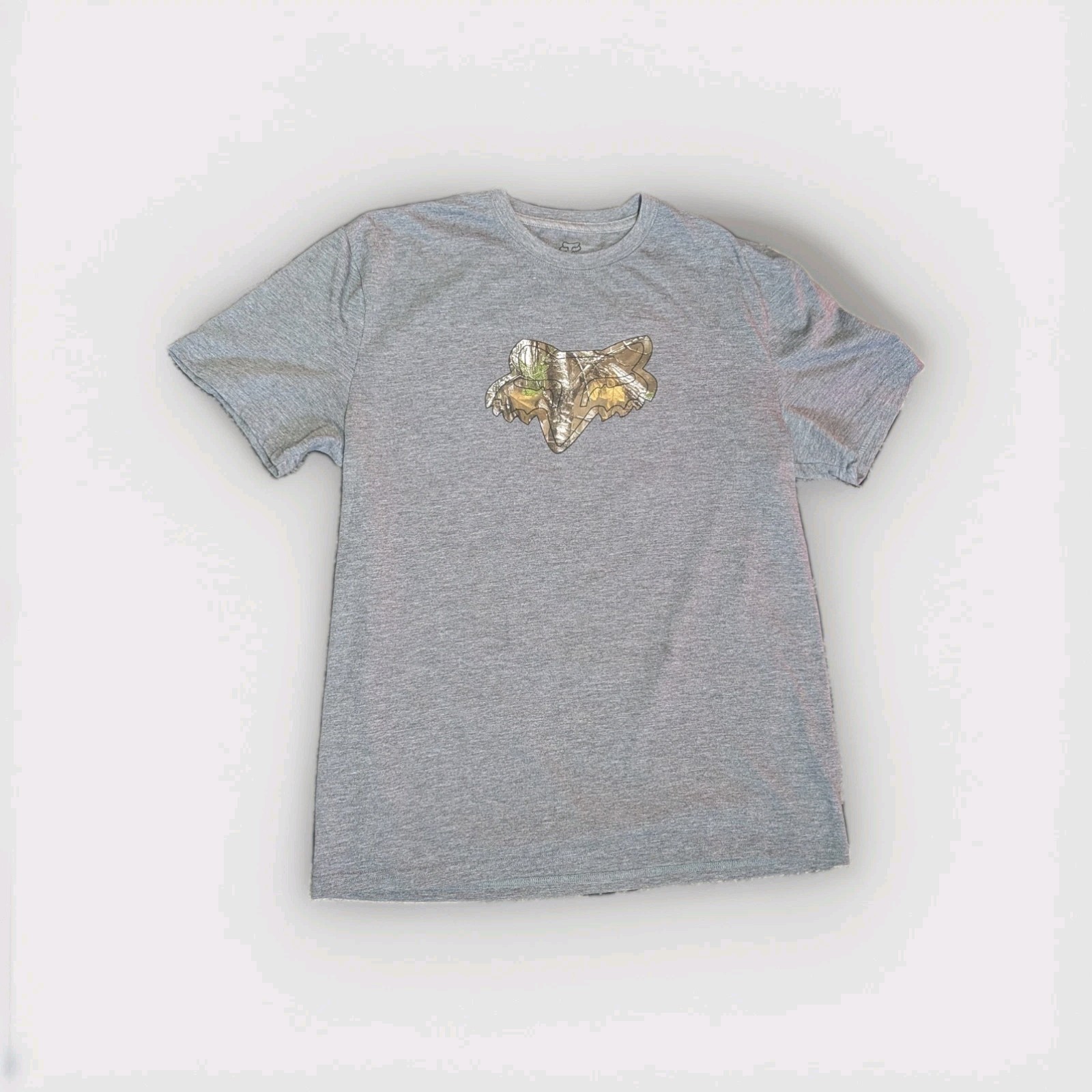 Fox Men’s Gray Cotton Knit T-Shirt L Short Sleeve Crew Neck Camo Logo