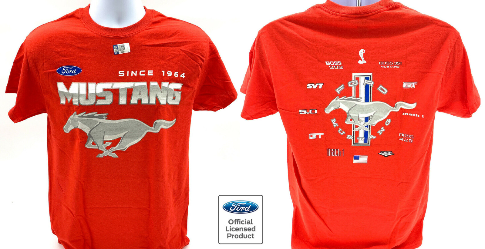 Ford Mustang T-Shirt – Red w/ Running Pony Since 1964 & Multiple Logos On Back